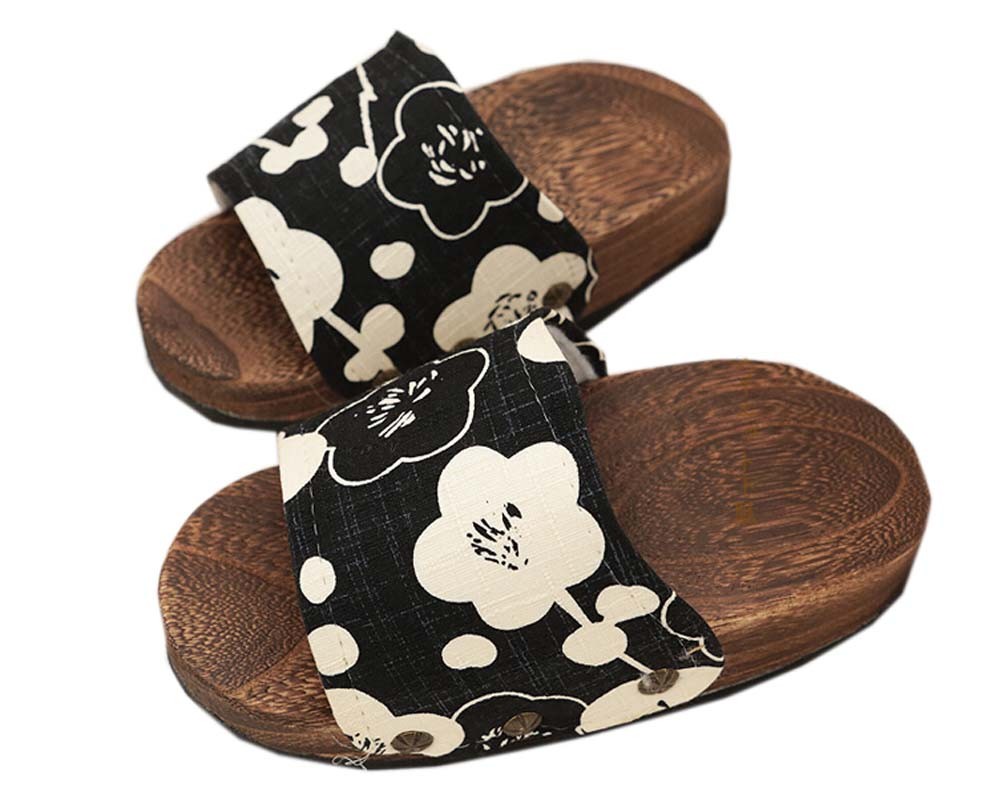 Non-slip Massage Wooden Slippers Fashion Clogs(Black and White Flowers)