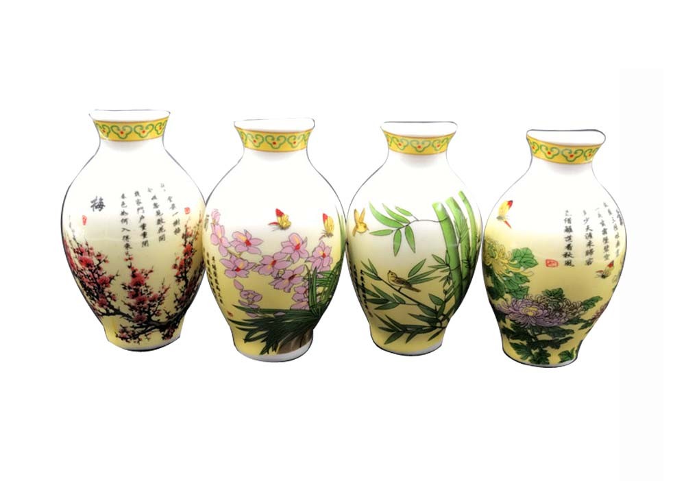 Set Of 4 Chinese Style Refrigerator Magnet Ceramics Painted Pottery Mei Lan Zhu