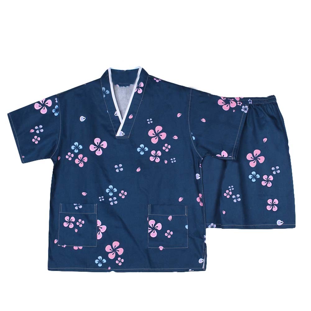 Men Pajamas Suit Dark Blue Flora Pattern Summer Short Pajamas Khan Steam Clothes