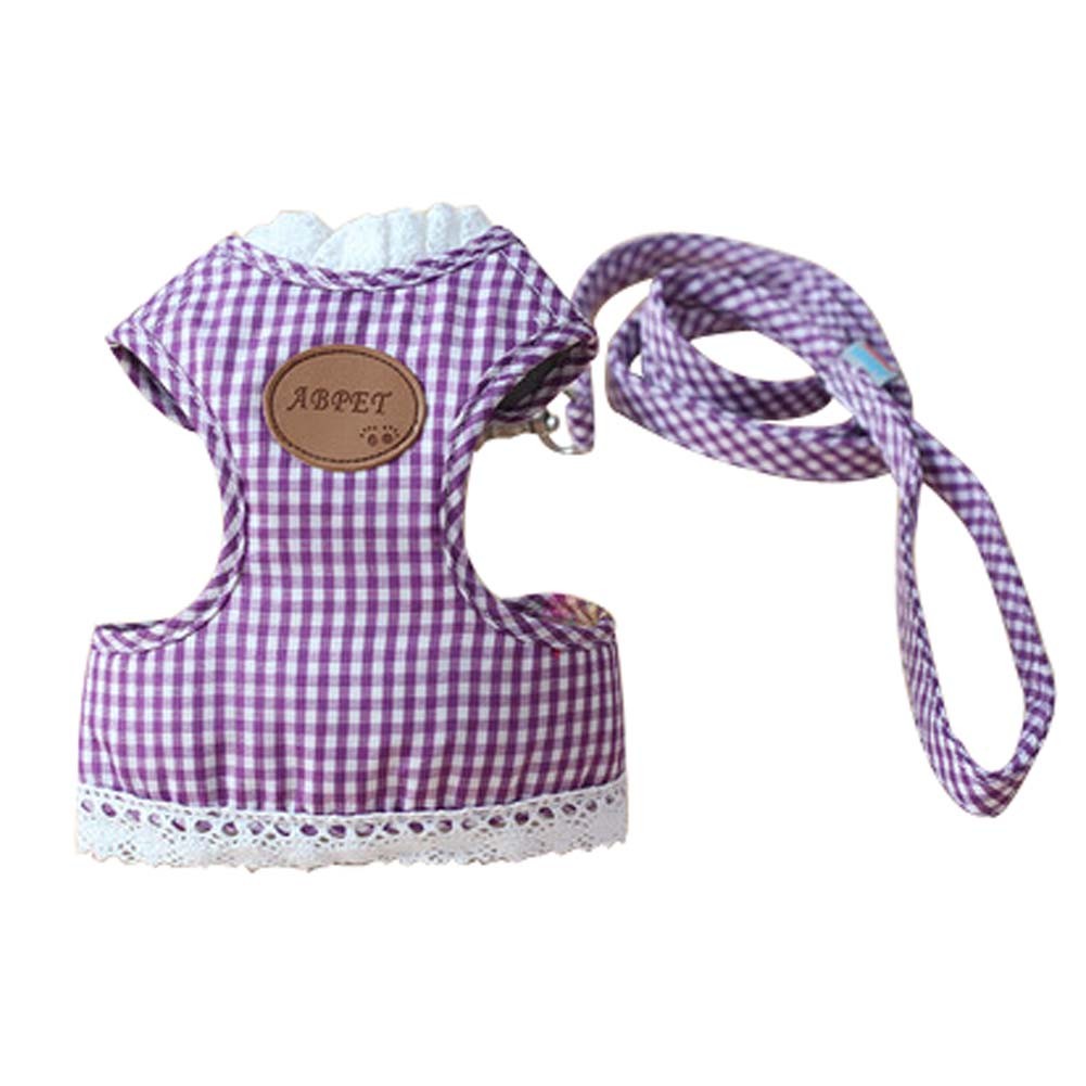Purple Plaid Style Pets Harness Supplies Vest Puppy Leash Collar, Size M