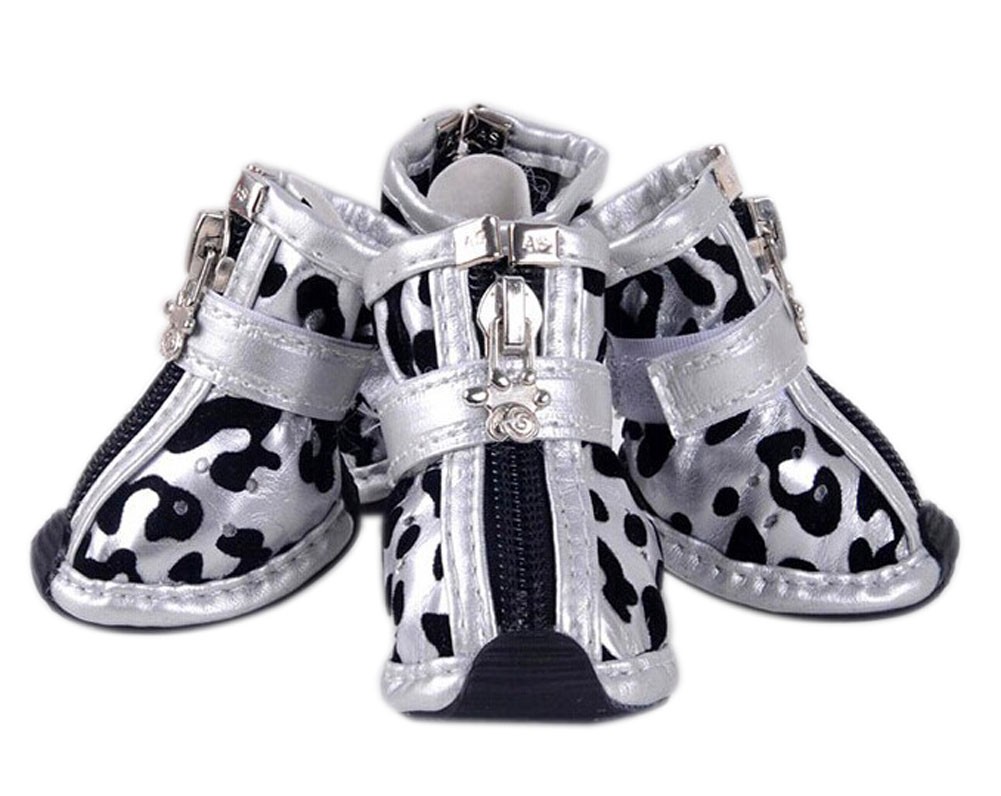PU Non-slip Zipper Dog Boot Pet Casual Shoes, Silver Leopard Print