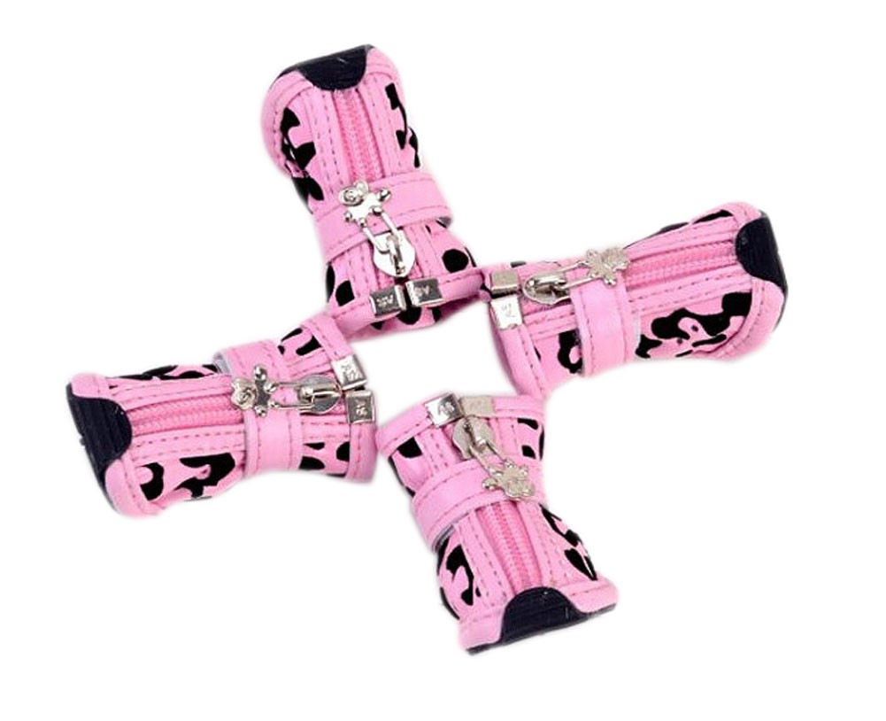 PU Non-slip Zipper Dog Boot Pet Casual Shoes, Pink Leopard Print