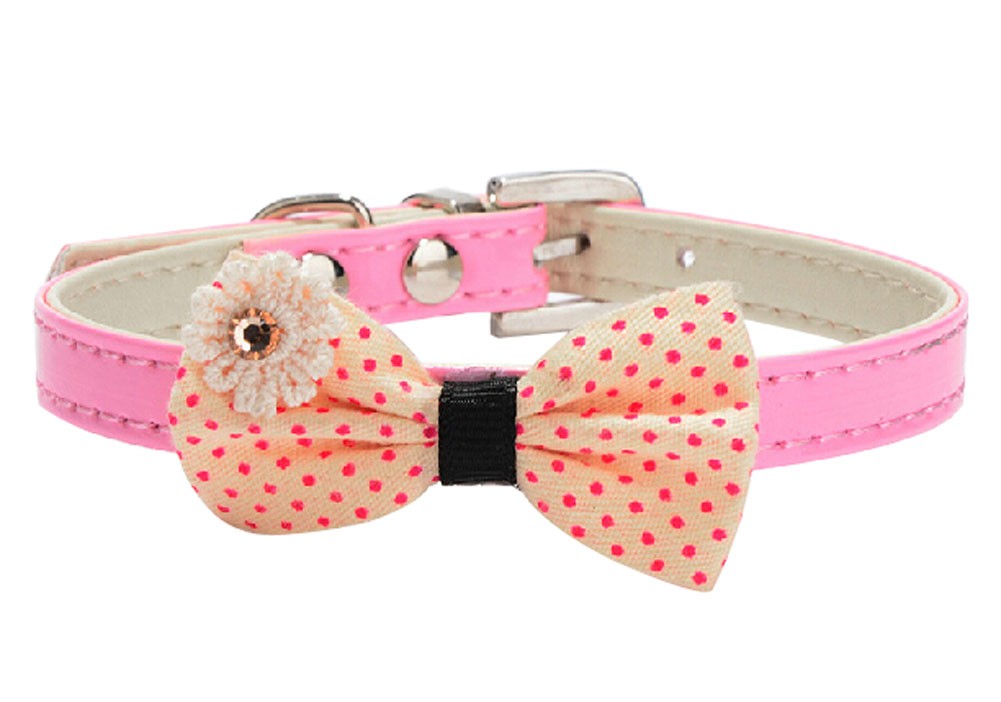 Pretty Adjustable PU Bow-ties Dog Collar Pet Collar PINK (20-26cm)