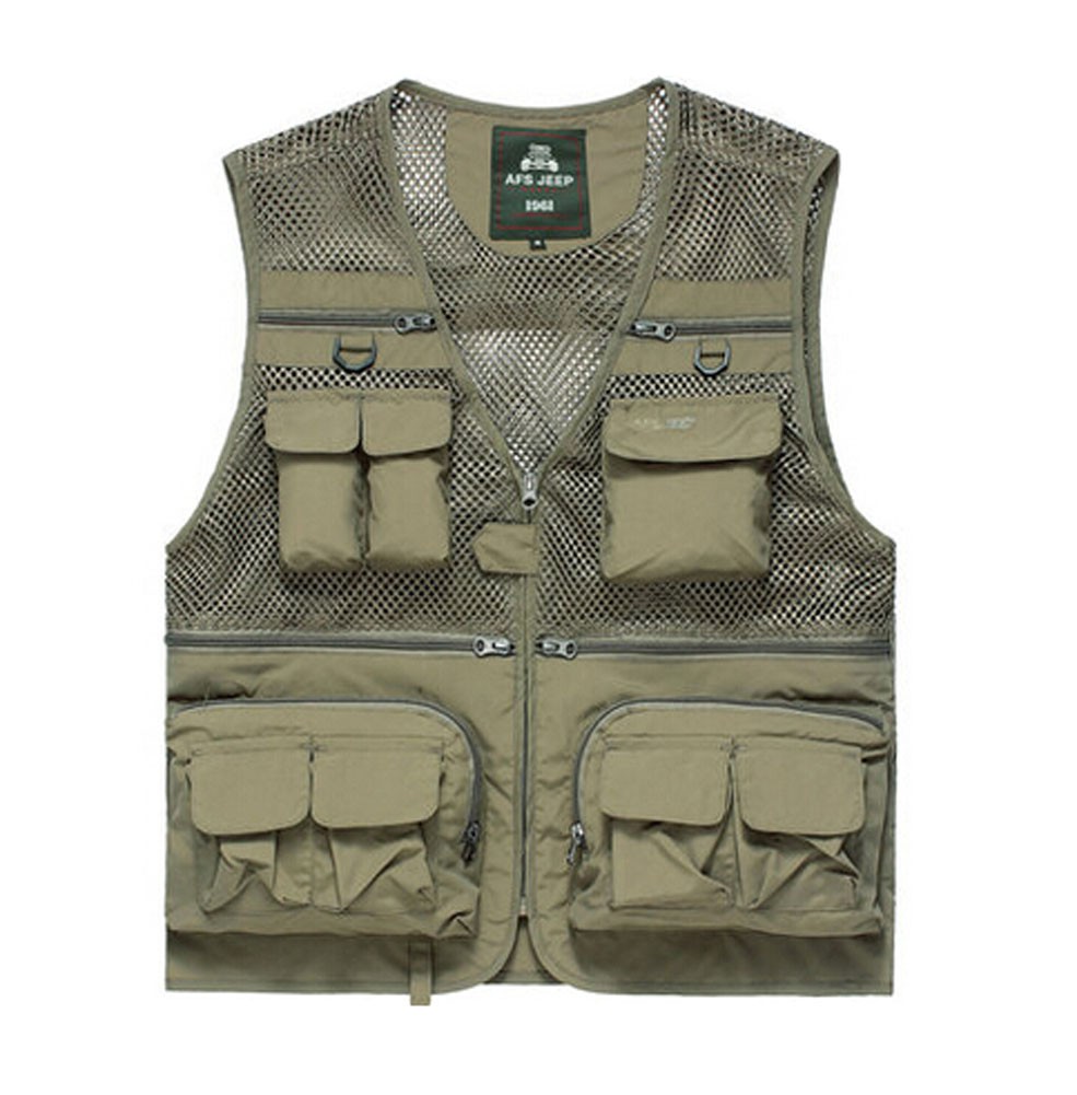 Breathable Multi-pockets Men's Mesh Fishing Vest Waistcoat KHAKI, XL