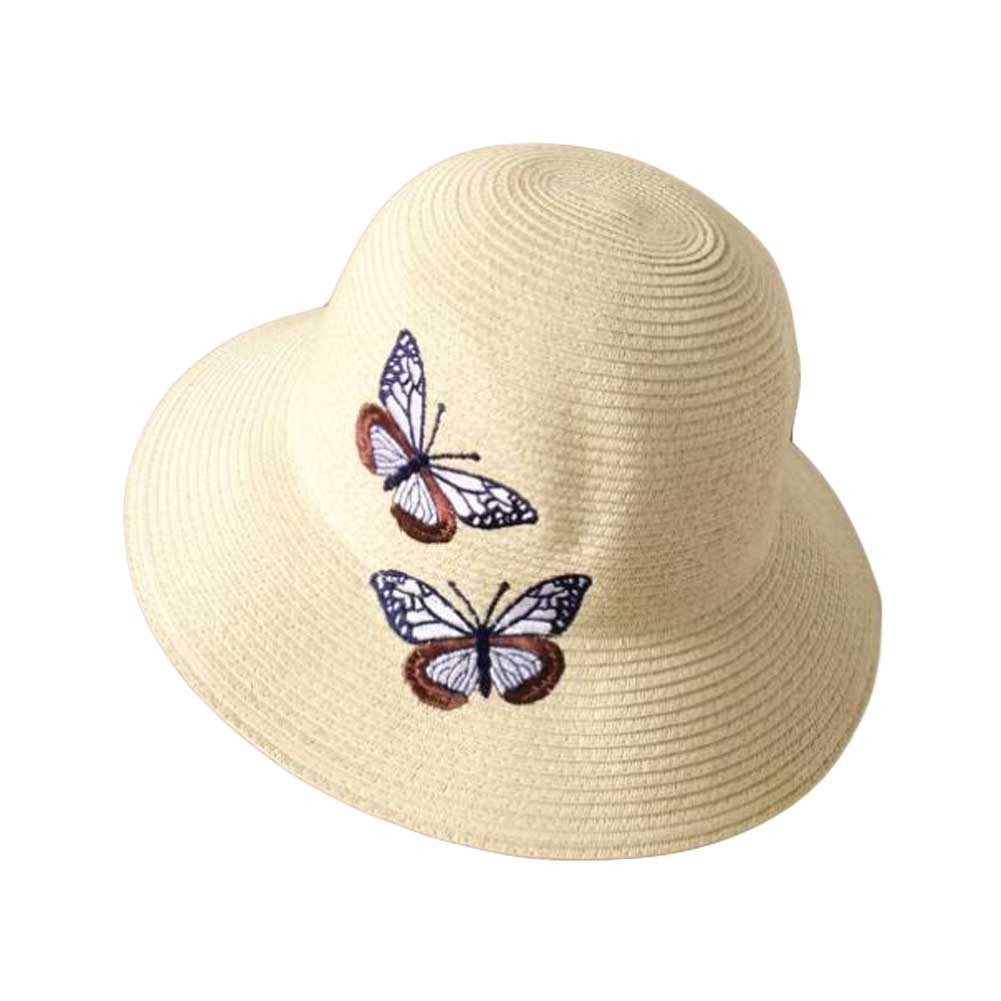 Holiday Travel Beach Daily Foldable Summer Straw Hat Butterfly Embroidery