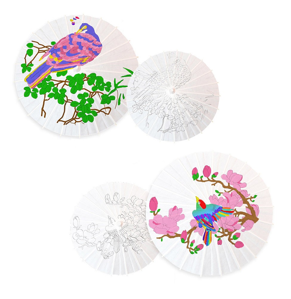 2 Pieces Unfinished Paper Umbrella Craft with Prototype for Kids DIY Painting Projects 15.7 inches, Birds