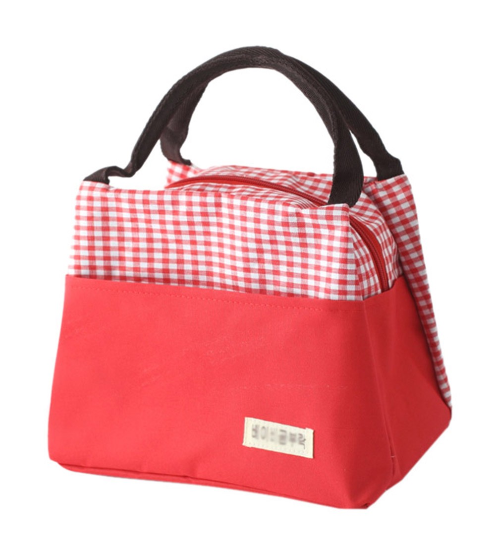 [Check] Durable Oxford Cloth Reusable Lunch Bag Fashion Waterproof Zipper Bento Bag, #08 Red