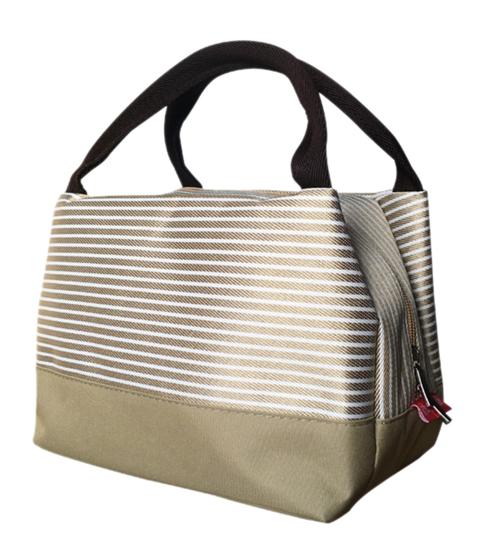 Durable Oxford Cloth Reusable Lunch/Bento Bag Fashion Waterproof Zipper Cooler Bag, Stripe#19 Khaki