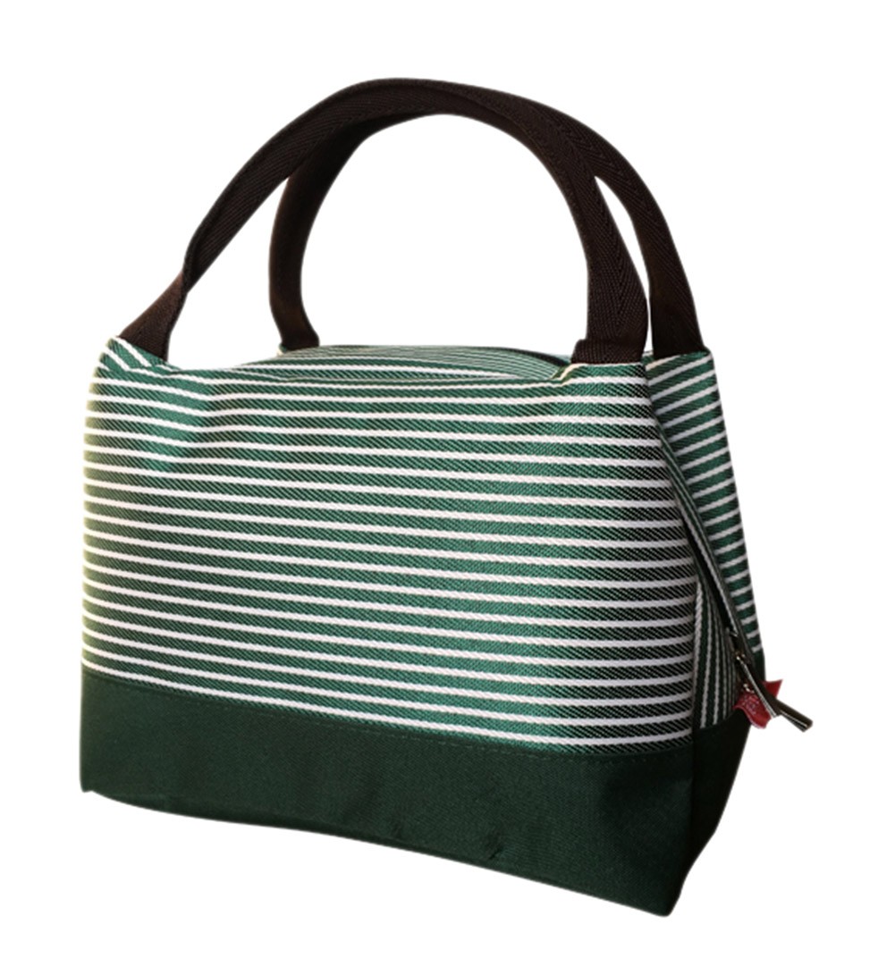 Durable Oxford Cloth Reusable Lunch/Bento Bag Fashion Waterproof Zipper Cooler Bag, Stripe#20 Green