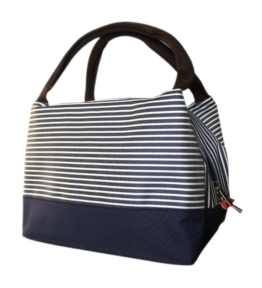 Durable Oxford Cloth Reusable Lunch/Bento Bag Waterproof Zipper Cooler Bag, Stripe#24 Dark Blue