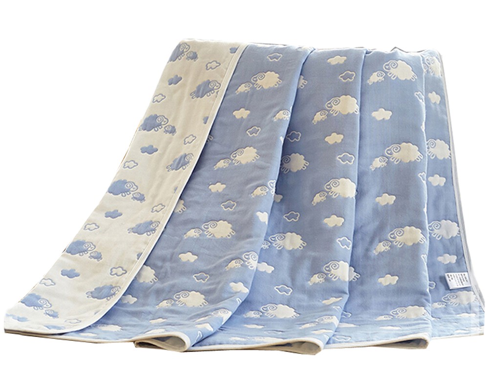 Cotton Gauze Newborns Single Towel Blanket Bed Sheet Bath Towel 35.43"x 39.37" (Blue Sheep)