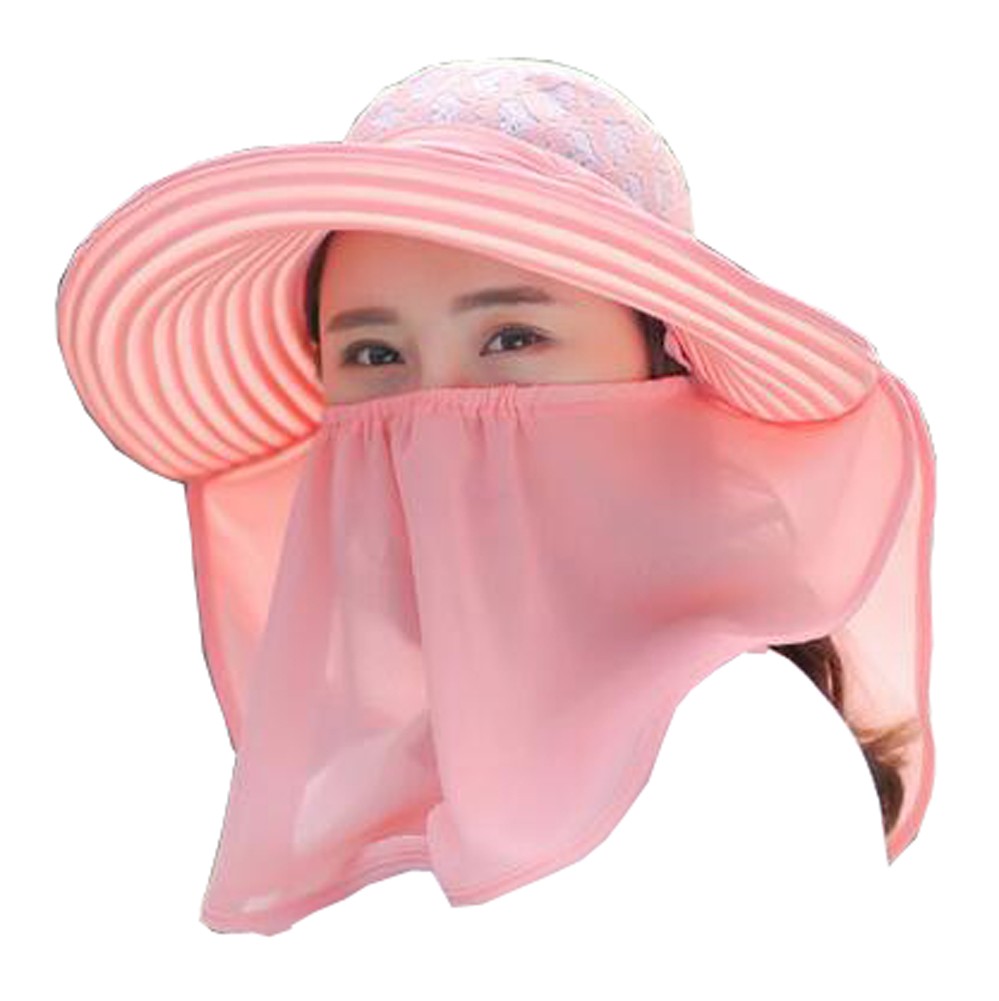 Women Outdoor Summer Sun Flap Cap Hat Neck Cover Face UV Protection Hat Free Size (Pink)
