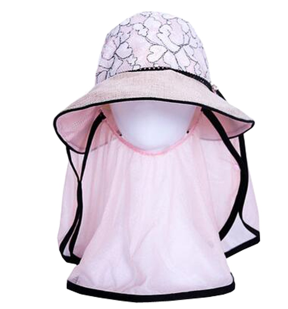 Women Outdoor Summer Sun Flap Cap Hat Neck Cover Face UV Protection Hat Free Size (Pink#01)