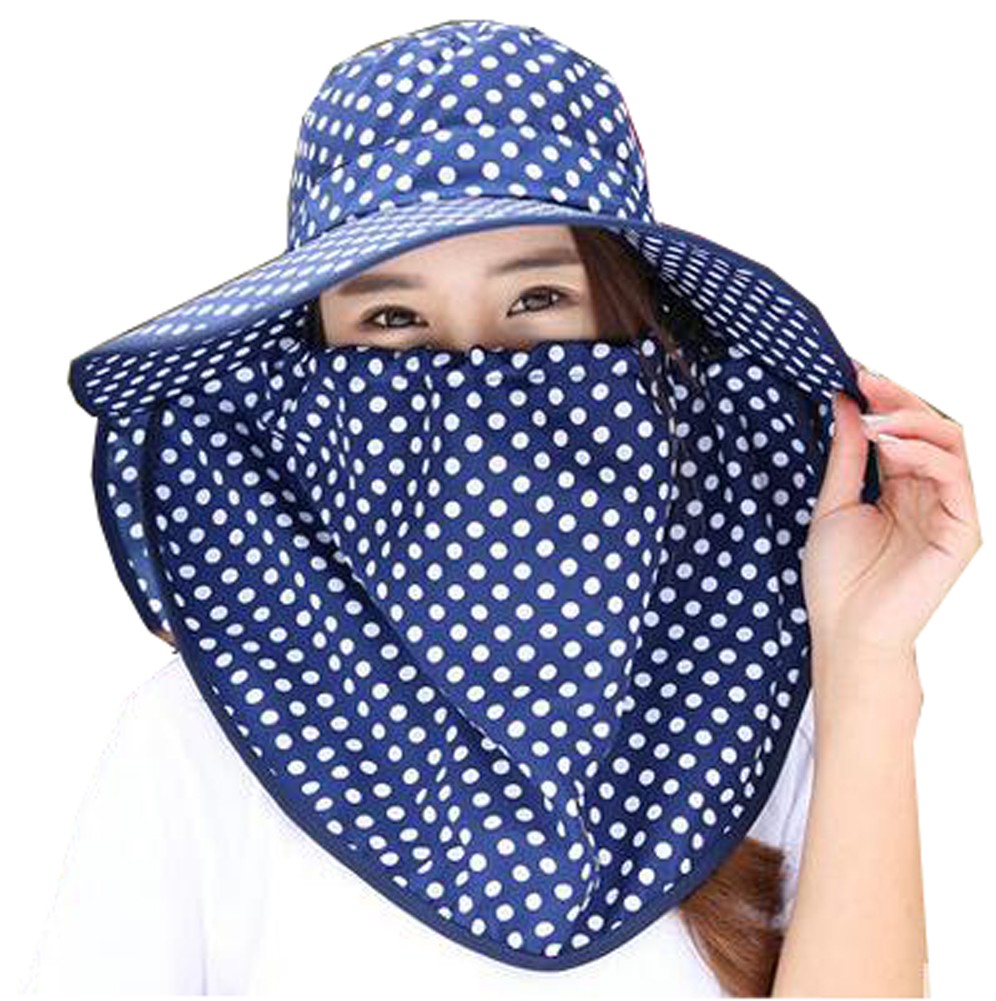 Women Outdoor Summer Sun Flap Cap Hat Neck Cover Face UV Protection Hat Free Size (Navy)
