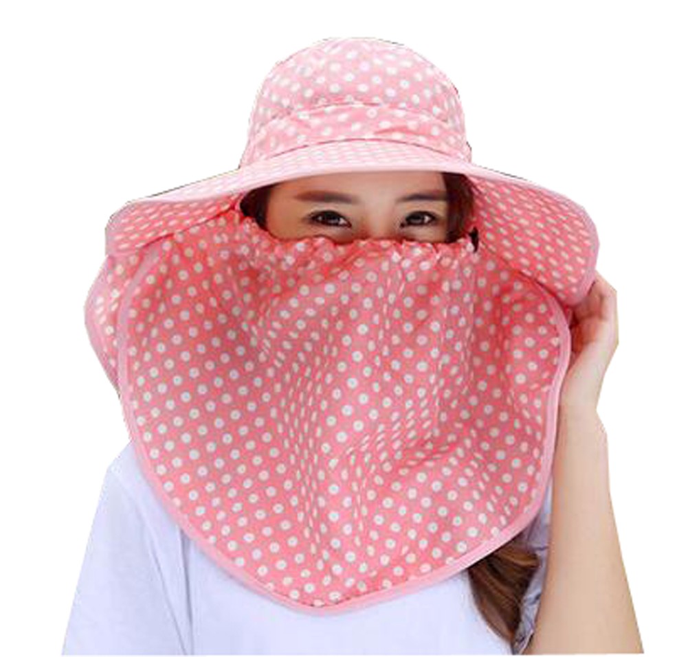 Women Outdoor Summer Sun Flap Cap Hat Neck Cover Face UV Protection Hat Free Size (Pink#02)
