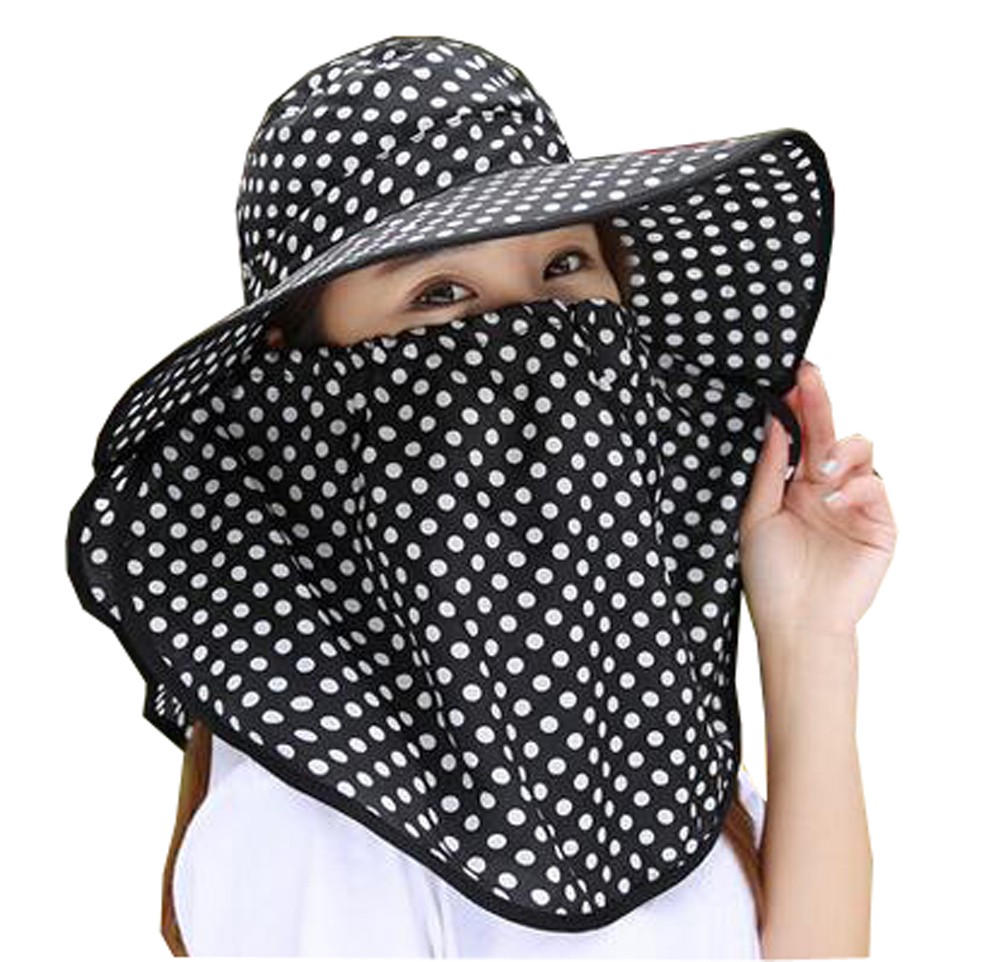 Women Outdoor Summer Sun Flap Cap Hat Neck Cover Face UV Protection Hat Free Size (Black)