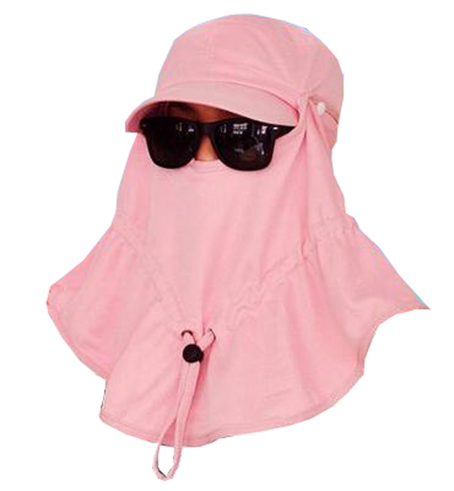 Women Face UV Protection Hat Outdoor Summer Sun Flap Cap Neck Cover Free Size (Pink)