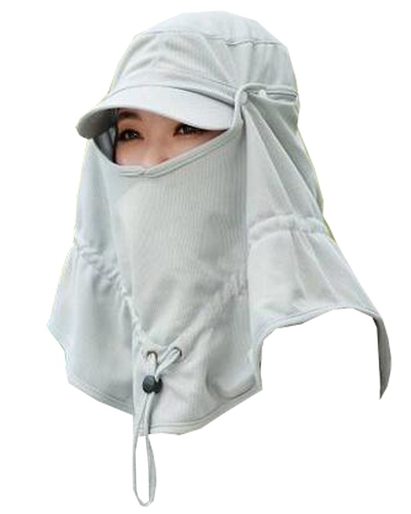 Women Face UV Protection Hat Outdoor Summer Sun Flap Cap Neck Cover Free Size (Light Grey)