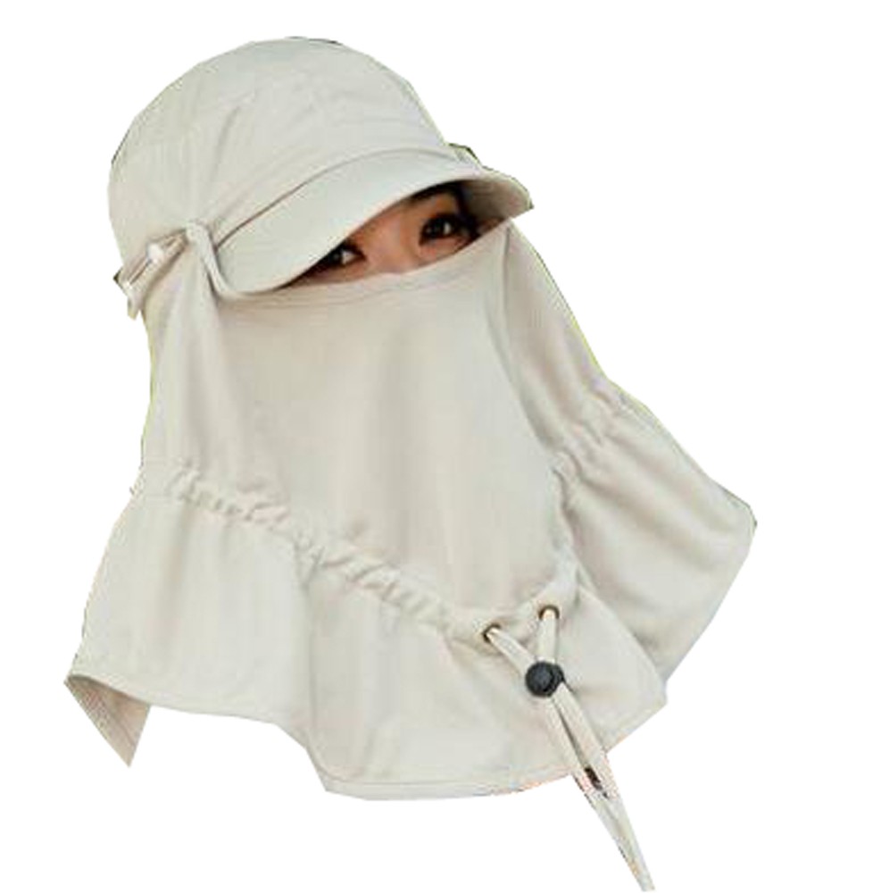 Women Face UV Protection Hat Outdoor Summer Sun Flap Cap Neck Cover Free Size (Beige)