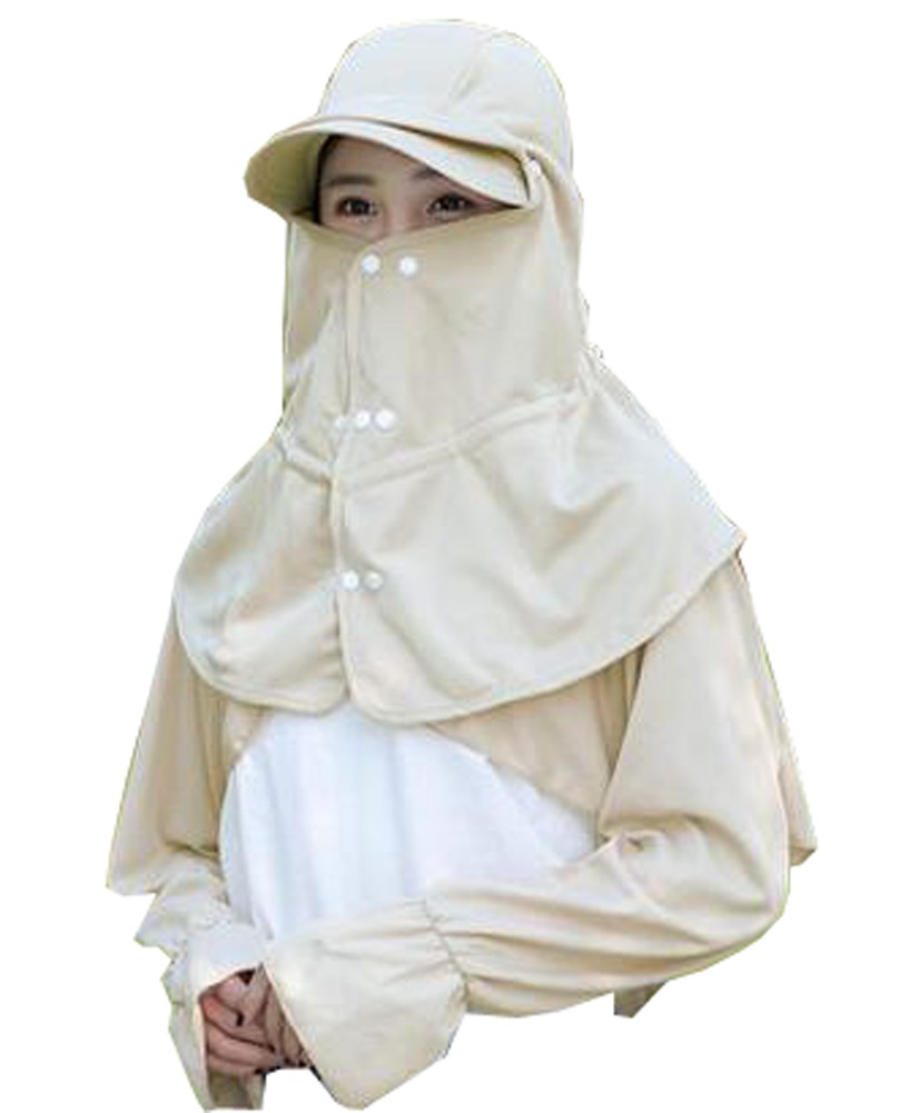 Women Outdoor Summer Cap Face Anti-UV Hat Neck Arm Protection Cover UPF50+ Fabric (Beige)