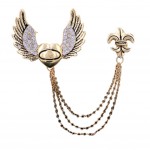Rhinestone Wing with Heart Tassels Chain Badge Gold Plated Brooch