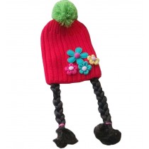 Cute Baby Girl Knitted Hat Kids Cap with Braids Red Flowers