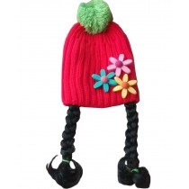 Cute Baby Girl Knitted Hat Kids Cap with Braids Red Sunflower