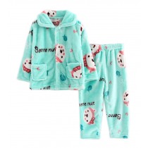 Flannel Kids Pajama Green Bear Soft Sleepsuit Coral Velvet Sleepwear Nightcloth