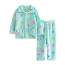 Blue Bow Flannel Kids Pajama Soft Sleepsuit Coral Velvet Sleepwear Nightcloth