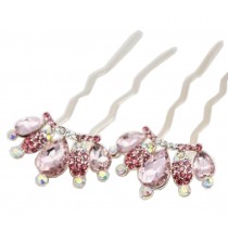 2pcs Elegant U-shaped Hairpin Crystal Hair Stick Bride Headdress Crown Pink
