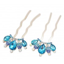 2pcs Elegant U-shaped Hairpin Crystal Hair Stick Bride Headdress Crown Blue