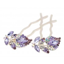 2pcs Elegant U-shaped Hairpin Crystal Hair Stick Bride Headdress Leaves Purple