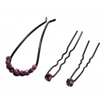 3pcs Vintage U-shaped Hairpin Crystal Hair Stick Bride Headdress Purple