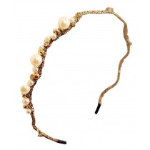 Gold Thread Pearl Beaded Headband Rhinestone Tiara Wavy Shape