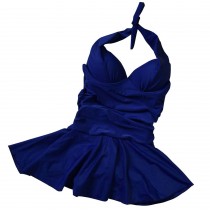 One Piece Ladies Fashion Slim Swimsuit Flexible Dress[Navy blue]