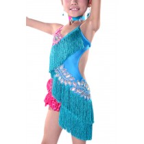 Qualities Tassel Dance Dresses Girls Latin Costume Light Blue Performance Dress