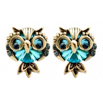 Classic Beautiful Owl Alloy Crystal Dew Stud Earring, Blue, 3/7-inch x 1/2-inch