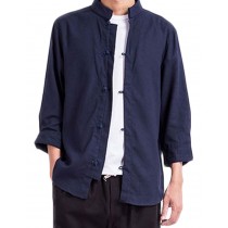 [NAVY] Fashion Men Flax Chinese Short Sleeve KungFu Cloth Men Shirt,XXL
