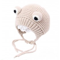 Boys Girls Winter Lacing Hat Toddler Cute Frog Wool Hats, Beige