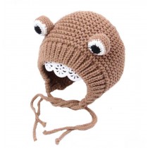 Boys Girls Winter Lacing Hat Toddler Cute Frog Wool Hats, Coffee