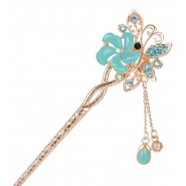 Blue Crystal Flowers and Butterfly Design Hair Pin