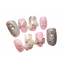 Pink Fake Diamond Decorated False Nails With Gum 24 Pcs