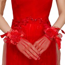 Elegant Red Lace Grids Style Women Wedding/Party Gloves