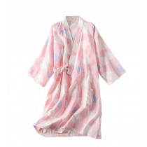 Japanese Style Thin Cotton Gauze Women Spa Robe/Bathrobe/Kimono Skirt-[Pink Heart]