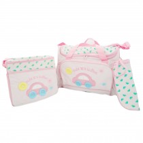 Functional Waterproof Diaper Tote Bags With Car Pattern 4 Pieces Set Pink