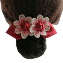 Retro Handicrafts Flower Ladies Bowtie Mesh Elastic Bun Cover Hairnets, 6 wine red with Fine Mesh