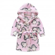 Kids Hooded Plush Robe Soft Bathrobe Cartoon Bathrobe Warm Robe Pink Penguin