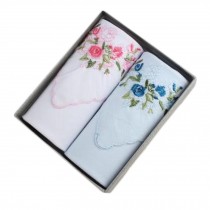 2Pcs Womens Pocket Square Hanky Pure Cotton Flower Handkerchiefs-White/Blue