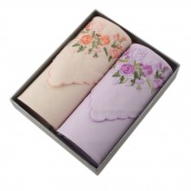 2Pcs Womens Pocket Square Hanky Pure Cotton Flower Handkerchiefs-Beige/Purple