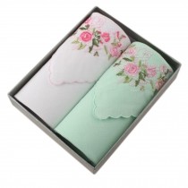 2Pcs Womens Pocket Square Hanky Pure Cotton Flower Handkerchiefs-White/Green